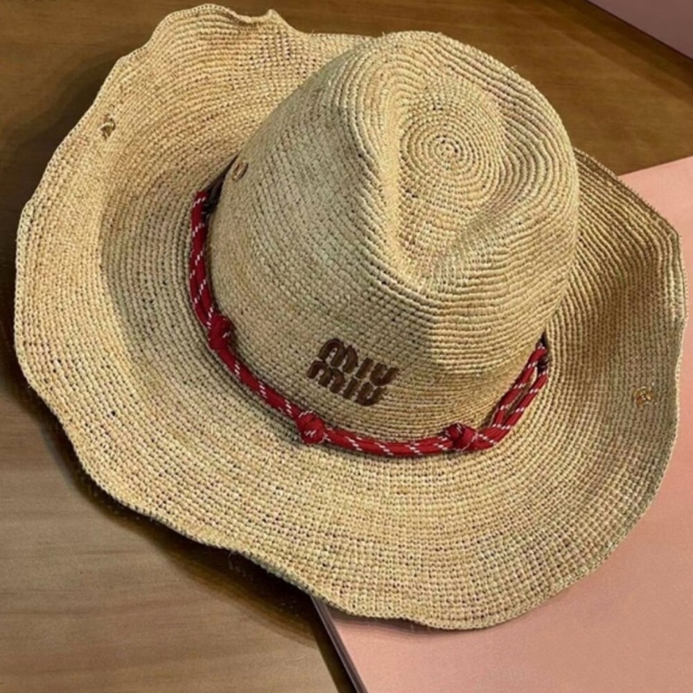 Miu Miu Beige Straw Hat with Red Accent